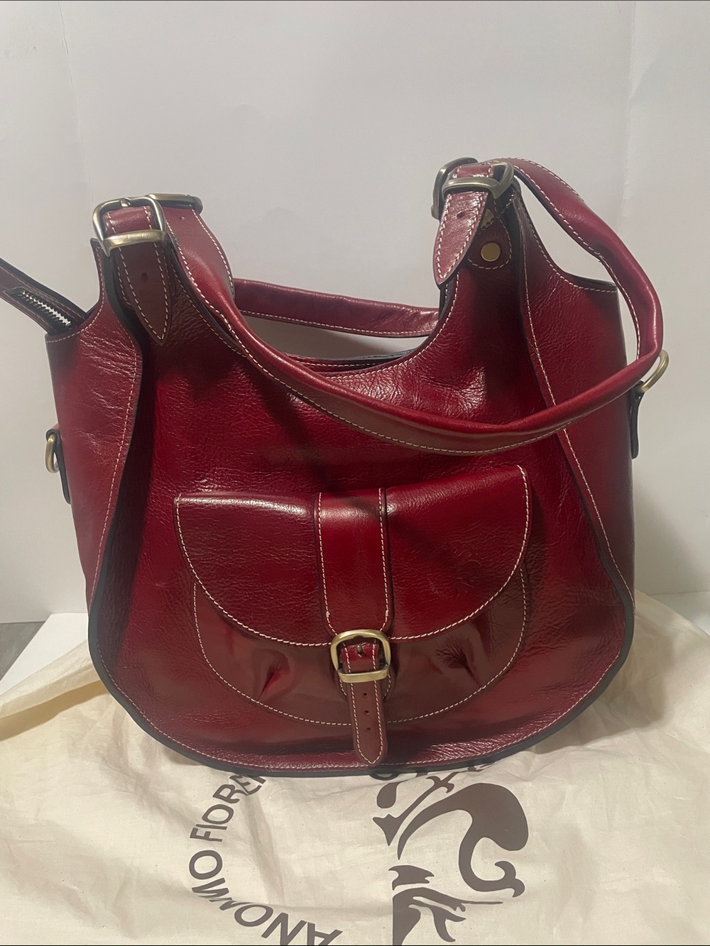 Anonimo Florentino Red Leather Shoulder Bag with Front Buckle Pocket